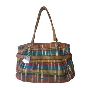 Relic Plaid Tote Bag Brown Leather Trim Heart Charm Shoulder Bag Women